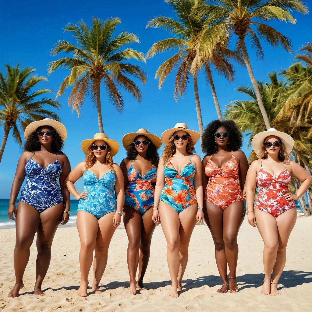A vibrant beach scene featuring plus-size and voluptuous models showcasing a variety of stylish swimwear in an array of colors and patterns. The background includes golden sand, sparkling blue waves, and palm trees swaying in the breeze, all under a sunny sky. The models are posing confidently, demonstrating the playful and bold nature of summer fashion. Add playful beach accessories like hats and sunglasses to enhance the summer vibe. super-realistic. vibrant colors. beach setting.