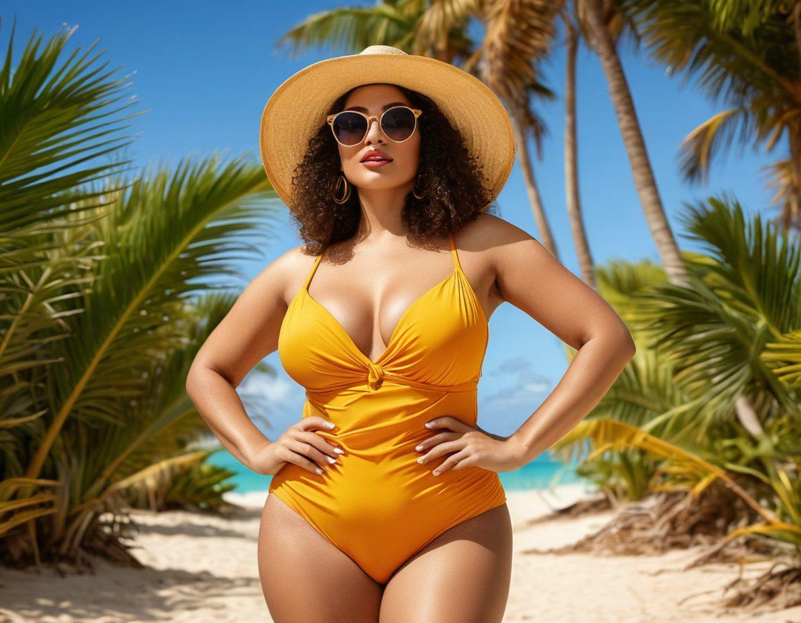 A confident curvy woman in a stylish beach setting wearing vibrant beachwear that flatters her figure, surrounded by tropical palm trees and golden sand. Include playful beach accessories like hats and sunglasses, showcasing a sense of sass and allure. The atmosphere should feel chic and inviting with a bright sun overhead and gentle waves in the background. bright colors, super-realistic, tropical theme.